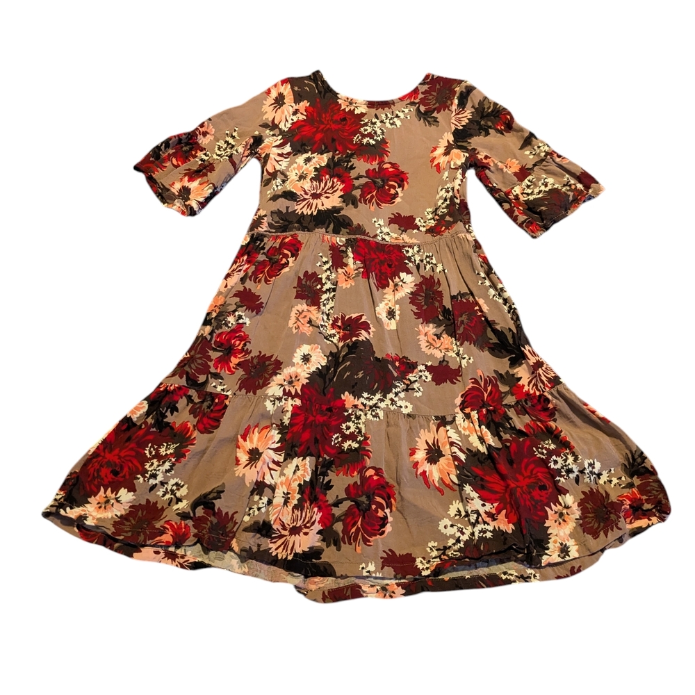 Floral Midi Dress with Red and Brown Accents